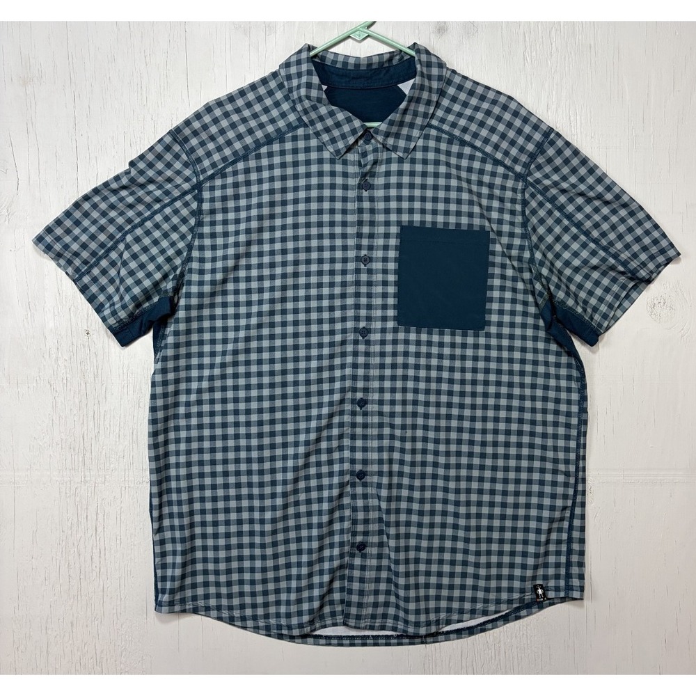 Smartwool‎ Mens Blue Green Plaid Button Up Shirt Short Sleeve Breathable Size XL